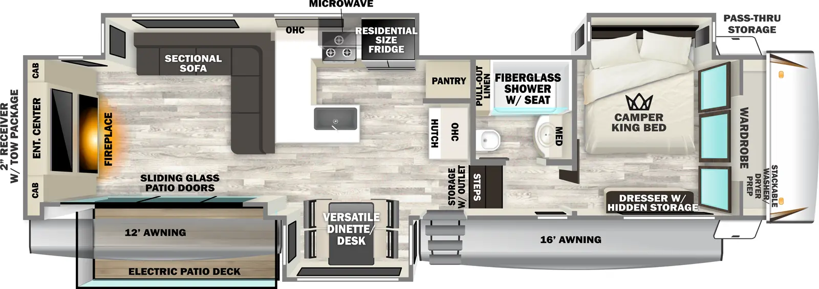 The Sabre 33RLP floorplan has one entry and three slide outs. Exterior features include: fiberglass exterior and 12' & 16' awning. Interiors features include: free-standing dinette option, front bedroom and rear living.